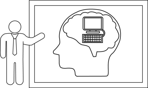 Stick figure presentation person points to a framed head silhouette with a computer inside vector