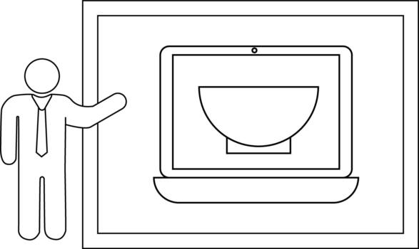 A figure gestures towards a screen displaying a bowl framed within a larger rectangle vector