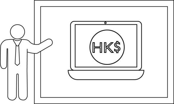 A figure gesturing towards a laptop displaying the Hong Kong dollar currency symbol on a screen vector