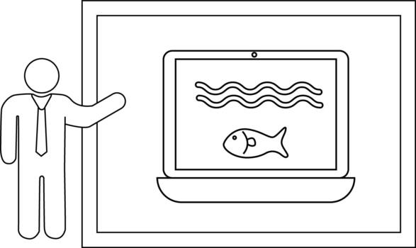 un figura regalos un ordenador portátil mostrando un pescado y ondulado líneas todas dentro un enmarcado contexto vector