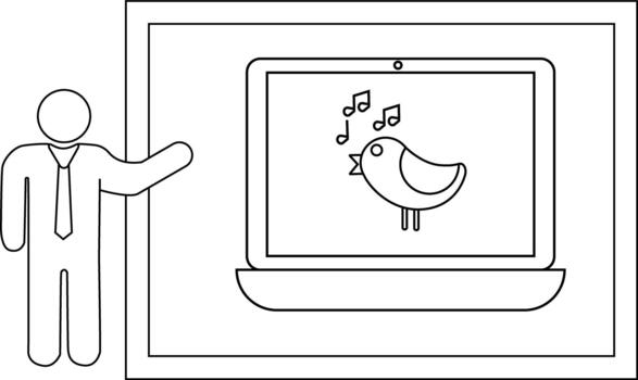 A stick figure pointing at a laptop displaying a singing bird icon within a doublelined frame vector