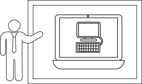 A stick figure in a tie gestures to a laptop showing a desktop computer on its screen all within a frame vector