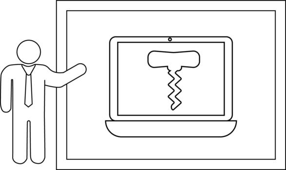 un palo figura regalos un ordenador portátil mostrando un sacacorchos en el pantalla conjunto en contra un enmarcado antecedentes vector