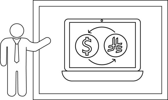 A stick figure presenting a screen showing dollar and crypto symbols exchanging vector