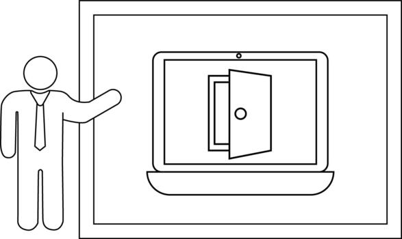 A stick figure presents a laptop displaying an open door set against a framed background vector