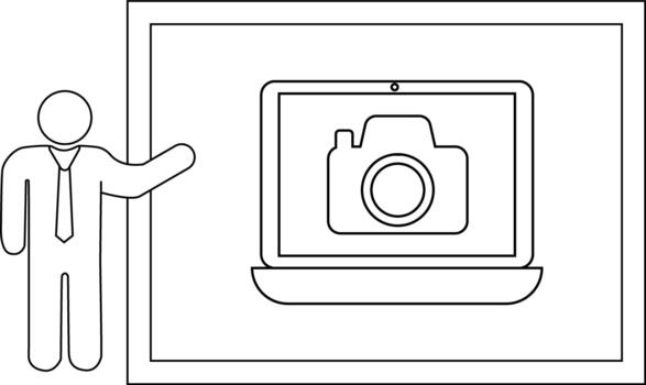 A stick figure presents a laptop displaying a camera icon in a bordered frame vector