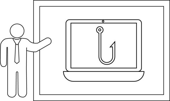 un palo figura regalos un ordenador portátil mostrando un pescar gancho enmarcado dentro un sencillo línea dibujo vector