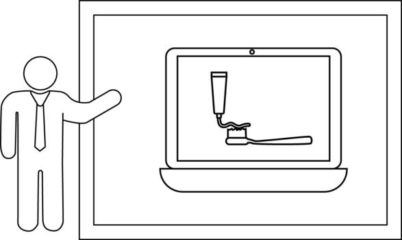 un contorno imagen muestra un presentador junto a un pantalla con pasta dental siendo exprimido sobre un cepillo de dientes vector