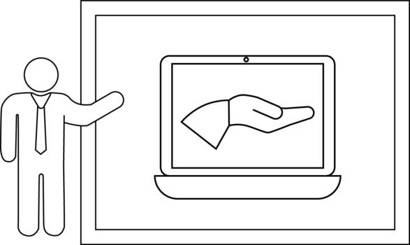 Figure pointing at a laptop screen showing a hand inside a frame vector