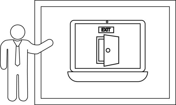 Image shows person presenting monitor displaying EXIT over an open door vector