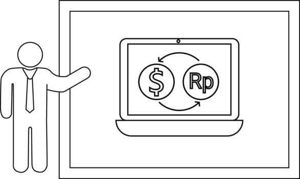 Line art Person pointing to a laptop displaying a currency exchange vector