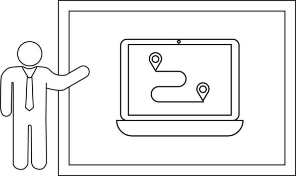 Line art shows a person pointing to a laptop with map pins path on its screen set within a framed presentation display vector