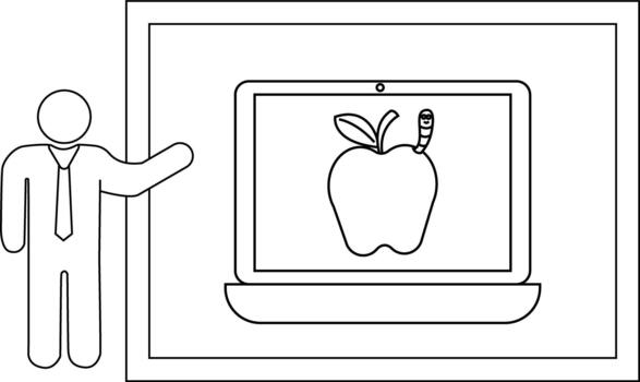 línea dibujo de un persona gesticulando hacia un ordenador portátil mostrando un manzana con un gusano vector