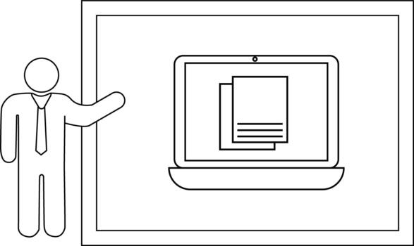 Line art shows a presenter gesturing to a screen with documents on it framed vector