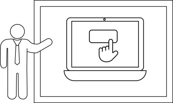 Line drawing person presenting a laptop with a hand touching a button on the screen vector