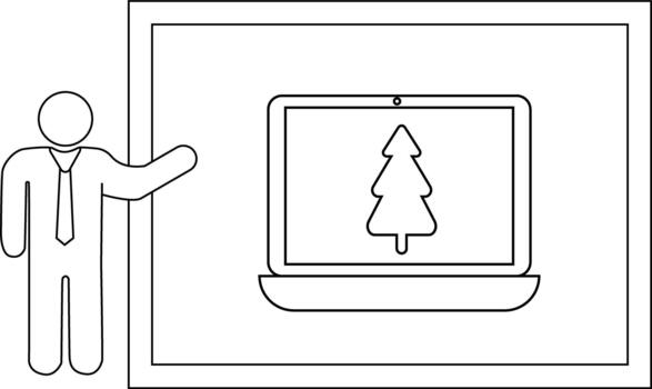 Line drawing of a person presenting a laptop showing a Christmas tree on the screen within a framed background vector