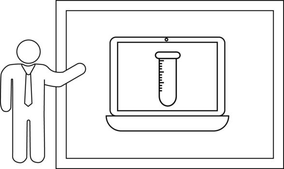 Presentation on lab analysis displayed on laptop with stick figure presenter vector