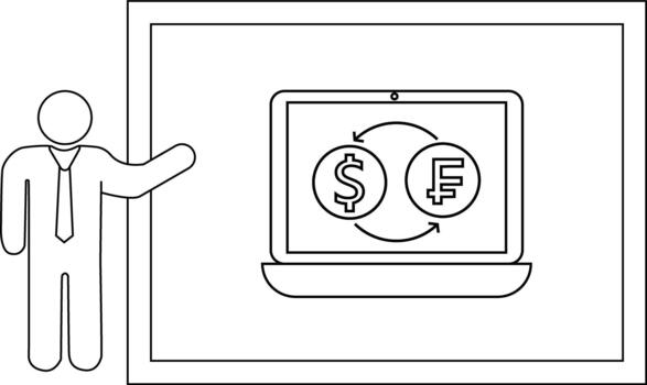 Stick figure presenting laptop with money symbols and exchange arrows on a screen inside a frame vector