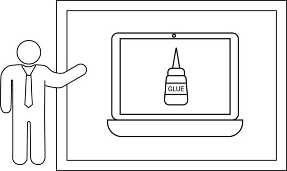 Stick figure stands by screen showing GLUE bottle drawing vector