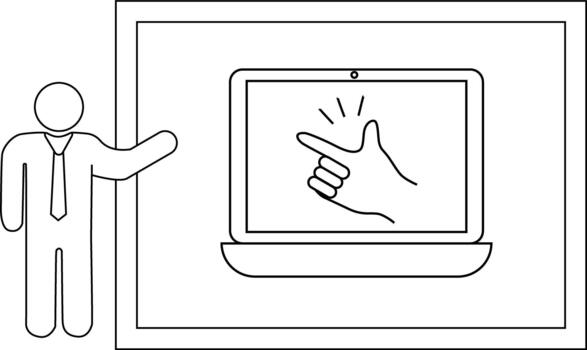 Stick figure presents a laptop displaying a fingersnapping gesture on a whiteboard vector