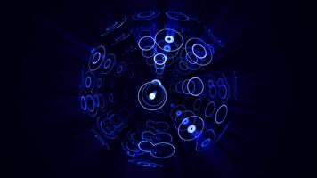 Seamless loop animation of blue circular rings pattern in transparent sphere with dynamic light rays. Digital abstract background with luminous energy ball with bright beams effect. Looped 4K 60fps video