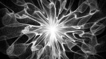 resumen monocromo visualización representando un intenso Estallar de radiante energía a el centro. blanco dinámica partículas emisor con rápido y brillante ola hebras para Ciencias y tecnología Arte. 4k 60 fps video