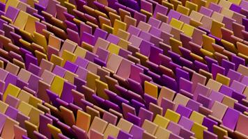 levendig abstract achtergrond met vlot in beweging meetkundig Golf veld- van geel en Purper 3d tegels. animatie van herhaald rechthoekig vormen stijgen en kantelen met realistisch licht en schaduwen. 4k 60 fps video