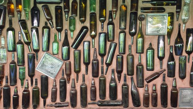 Recycled glass bottles embedded in wall creating unique texture. photo