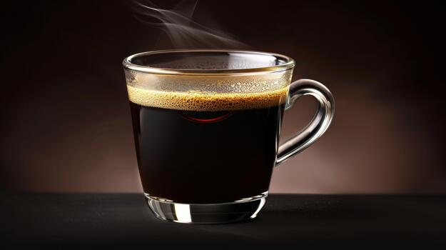 A dark, rich black coffee or espresso in a clear glass mug, topped with a thin layer of foamy crema, gently steaming against a smooth, dark background photo