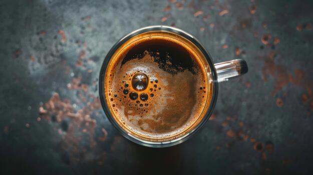 Overhead close-up of a clear glass mug containing freshly brewed black coffee with a visible layer of rich, dark foam and small bubbles, set on a textured, metallic surface photo