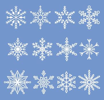 Geometric Snowflakes. Intricate Ice Crystals With Symmetrical Patterns. Each Flake Forms Unique Shapes, vector