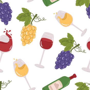 Seamless Pattern With Lush Grapes And Swirling Vines, Bottles And Glasses. Tile Background Perfect For Wine Lovers vector