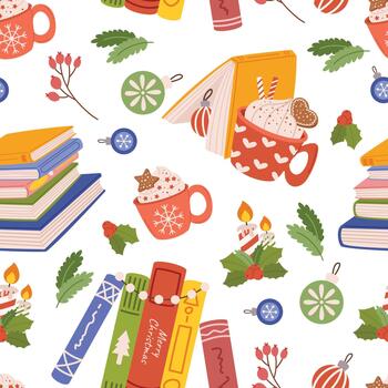 Seamless Christmas Pattern Featuring Books, Candles, Tree Branches And Cups, Creating Cozy Holiday Atmosphere vector