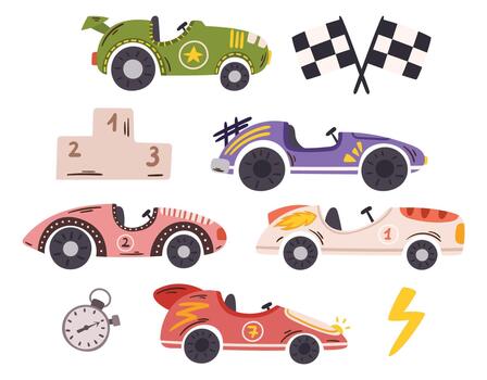 Dynamic Set Of Race Cars, Adorned With Vibrant Colors, Zoom Around The Racing Track With Roaring Engines vector