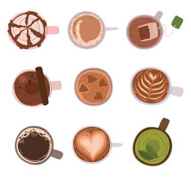 parte superior ver de tazas borde con refrescante bebidas, formando un vibrante mosaico de delicia, Listo a aplacar tu sed vector