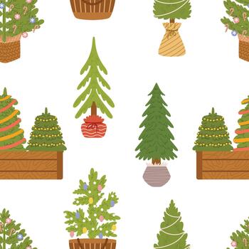 caprichoso Navidad magia se despliega en sin costura Navidad patrón, adornado con encantador Navidad arboles en ollas vector