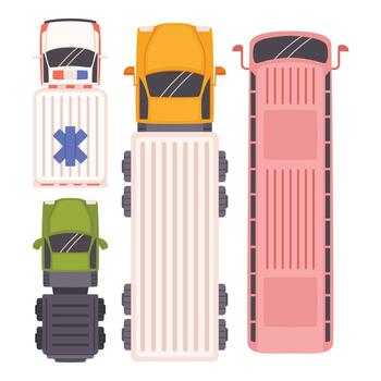 Top View Of A Bus, Van And Trucks, Delineating Their Distinct Aerodynamic Design, Configuration, Illustration vector