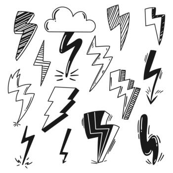 Black And White Lightning Icons Set. Collection Of Electrifying Symbols Capturing The Power Of Lightning, Elements vector