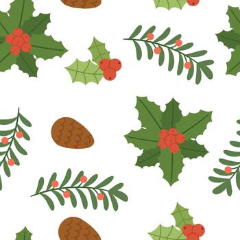 festivo sin costura modelo adornado con Navidad plantas acebo, muérdago, y pino conos, creando un eterno diseño vector