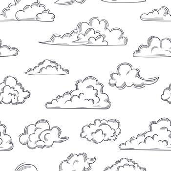 Seamless Pattern Featuring Whimsical, Sketchy Clouds Floating Gracefully Across The Fabric, Wallpaper Design vector