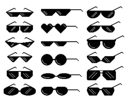 Set Of Black Pixel Sunglasses Offers A Trendy Blend Of Retro Style And Modern Tech. With Pixelated Lenses And Frames vector
