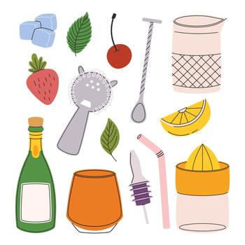 Bartender Equipment Cartoon Set. Jigger For Precise Liquid Measurements, Pitcher For Mixing, Muddler vector