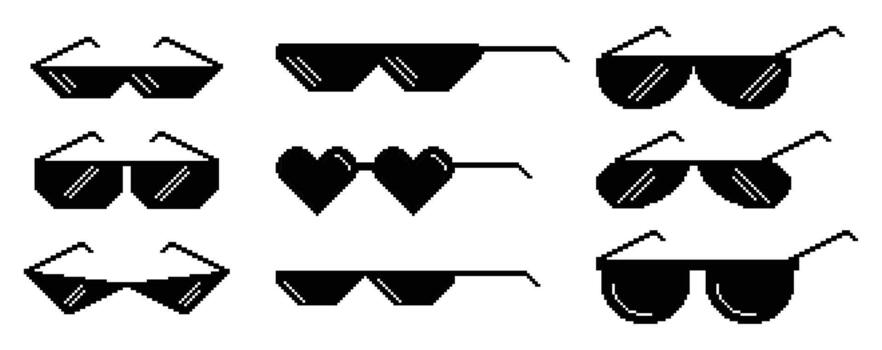 Black Pixel Sunglasses Isolated 8 bit Icons Set. Retro-inspired Pixelated Eyewear Symbols Add Touch Of Digital Coolness vector