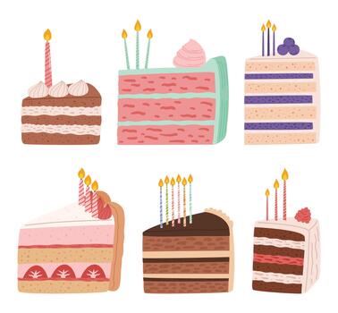 Delectable Array Of Cake Slices Adorned With Flickering Candles, Casting A Warm, Celebratory Glow and Tasty Cream vector
