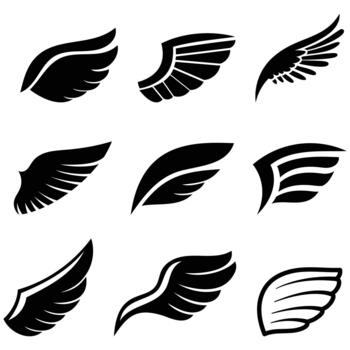 Set Of Black Wings Icons, Symbolizing Freedom And Power. Versatile Wing Designs Add A Touch Of Mystique To Projects vector