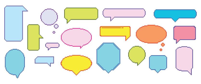 Vibrant Pixel Speech Bubble Set That Adds Retro Charm To Your Messages. Playful, 8 Bit Pixelated Speak Clouds or Boxes vector