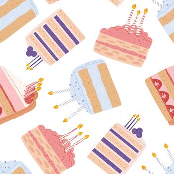 Seamless Pattern Featuring Delightful Cake Slices Adorned With Glowing Candles. Perfect For Adding Sweetness And Warmth vector