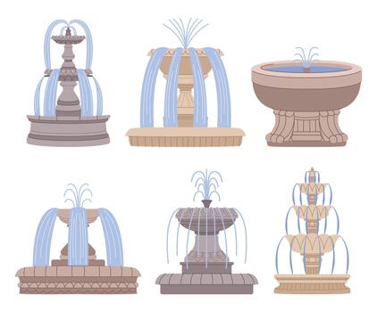 Fountains Collection. Array Of Captivating Water Features, Blending Artistry And Functionality, Set vector