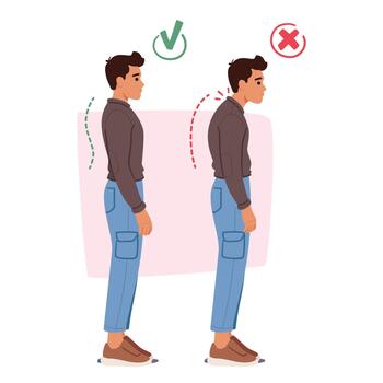 Male Character With Wrong Posture, Slouched With Rounded Shoulders. Proper Posture, Upright, Shoulders Back vector