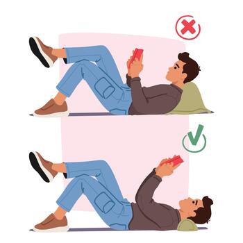 Male Character Reading, Lying on Pillow in Right and Wrong Postures. Improper, Slouching With Rounded Shoulders vector